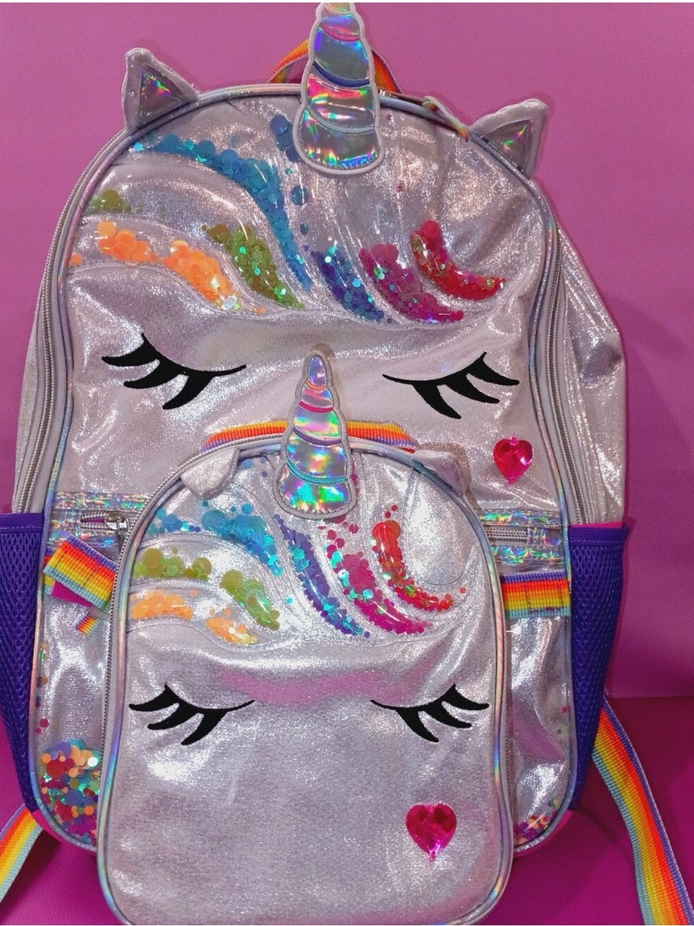 Kids Unicorn Backpack - Shimmer Silver with Rainbow Accents